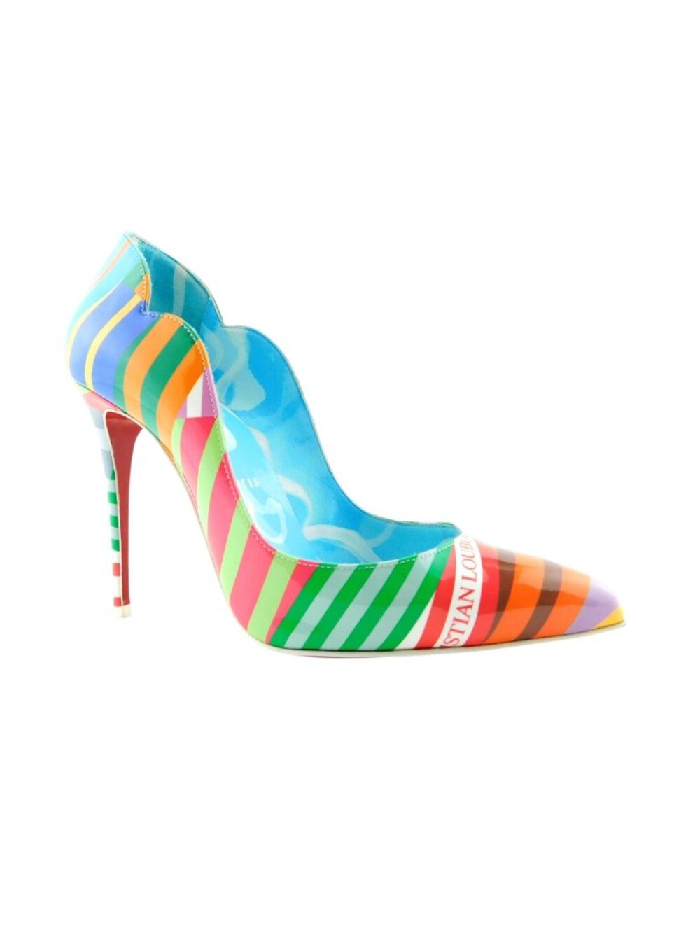 CHRISTIAN LOUBOUTIN Multicolor Logo Striped Patent Scalloped Heel Pumps 36